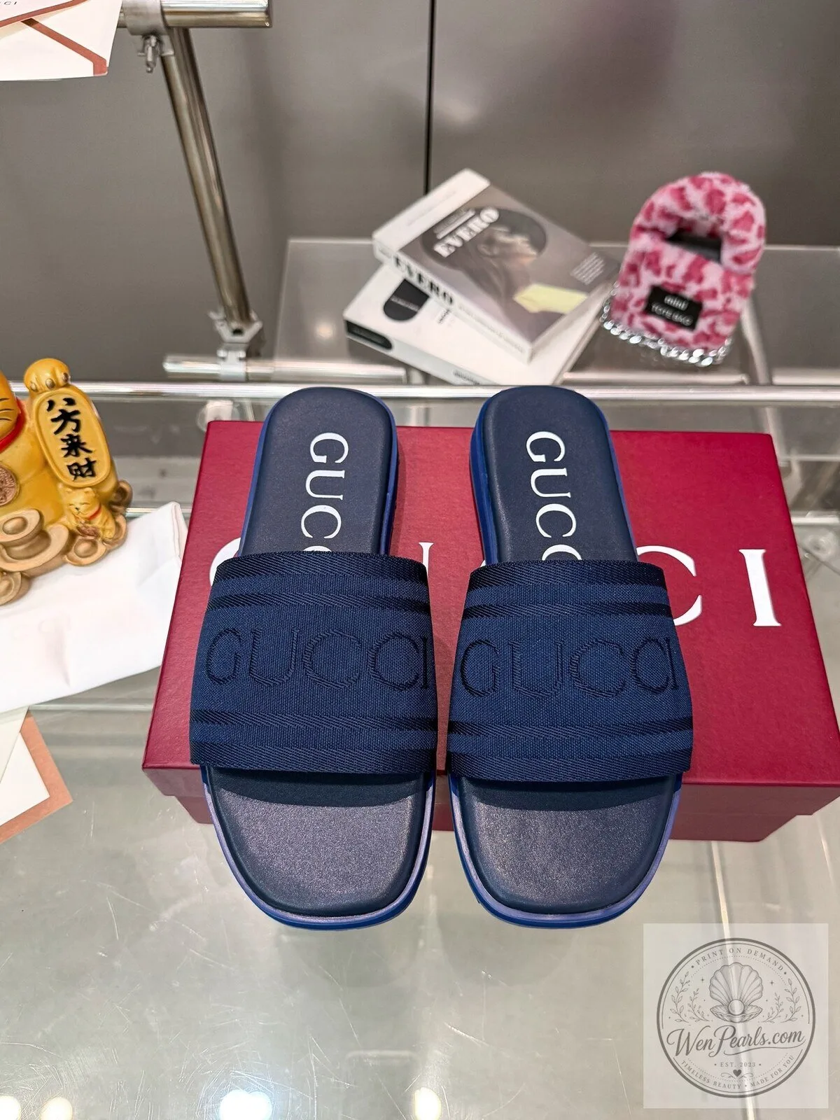 Gucci Navy Blue Rubber Slide Sandals with Embossed Logo 7 Gucci Navy Blue Rubber Slide Sandals with Embossed Logo