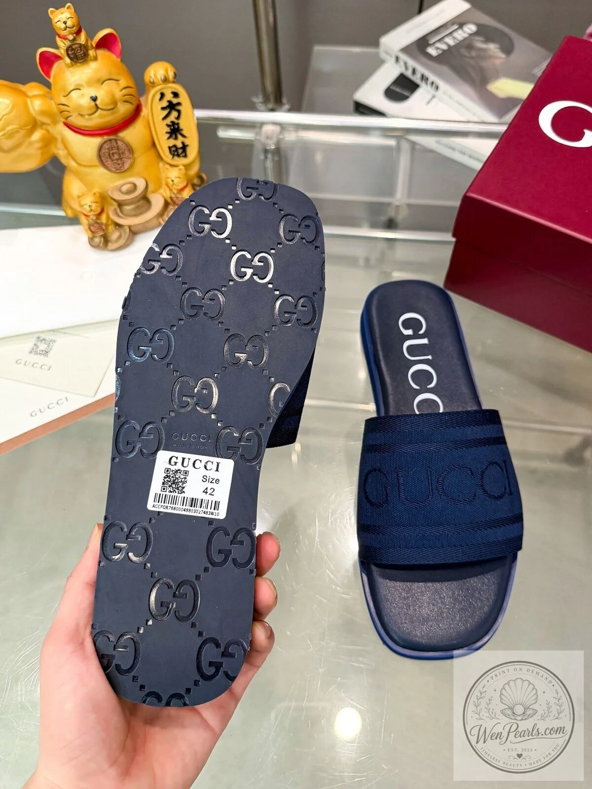 Gucci Navy Blue Rubber Slide Sandals with Embossed Logo 8 Gucci Navy Blue Rubber Slide Sandals with Embossed Logo