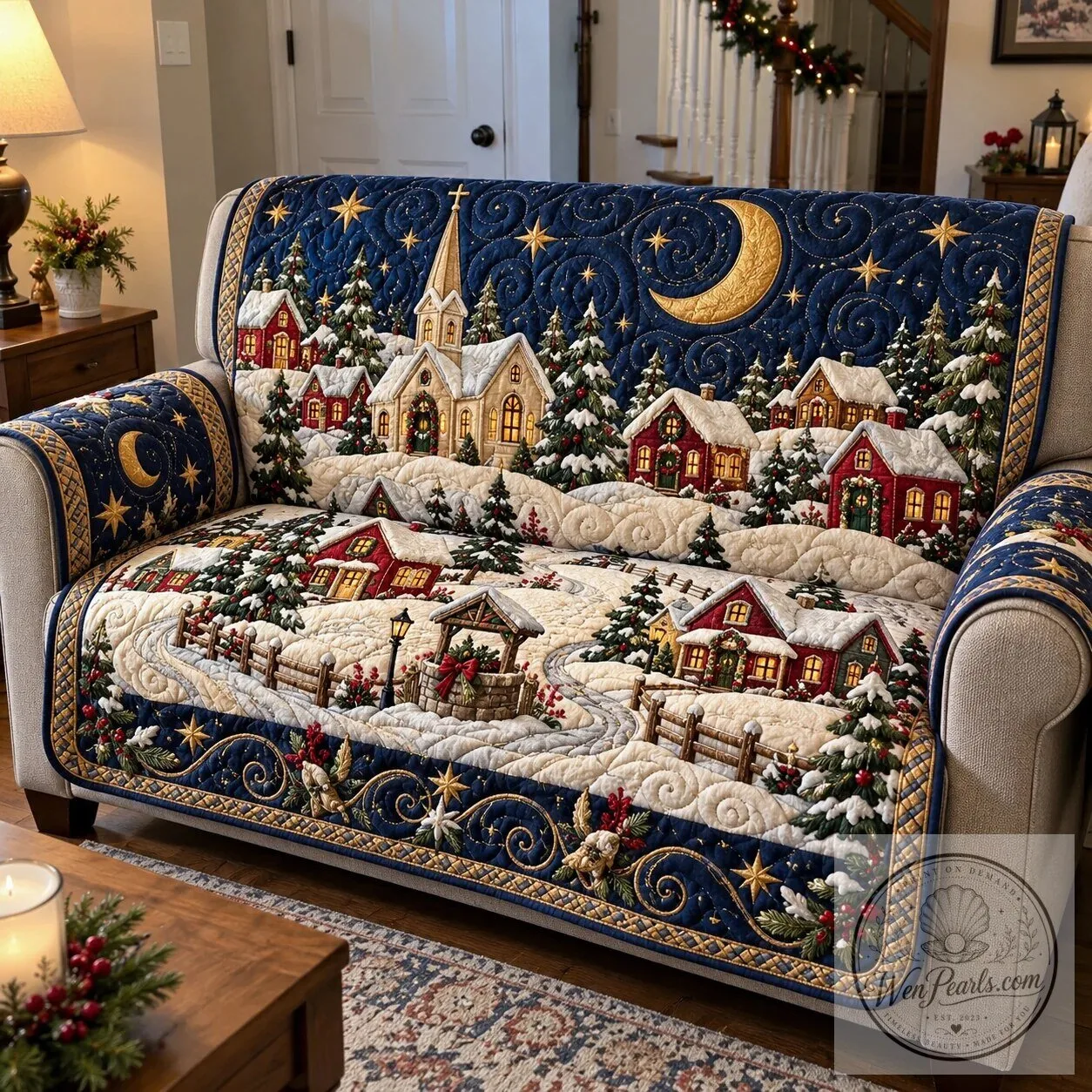 Christmas Winter Village Quilted Sofa Cover with Moon and Stars Design