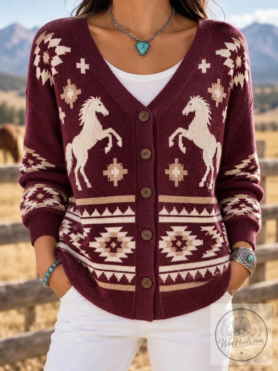 Women’s Button-Up Cardigan Sweater with Western Aztec Horse Print