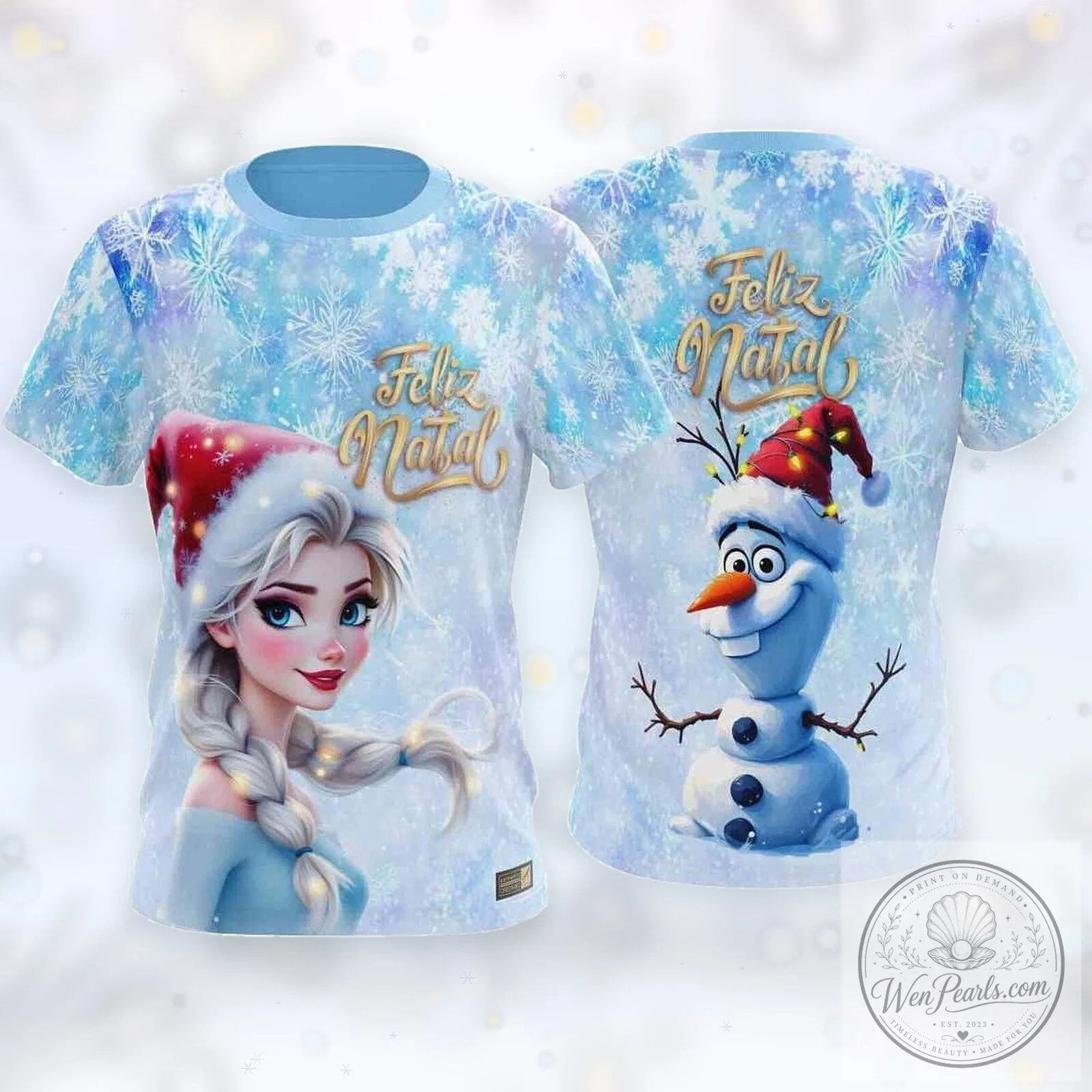 Disney Frozen Elsa and Olaf Feliz Natal Christmas Snowflakes T-Shirt