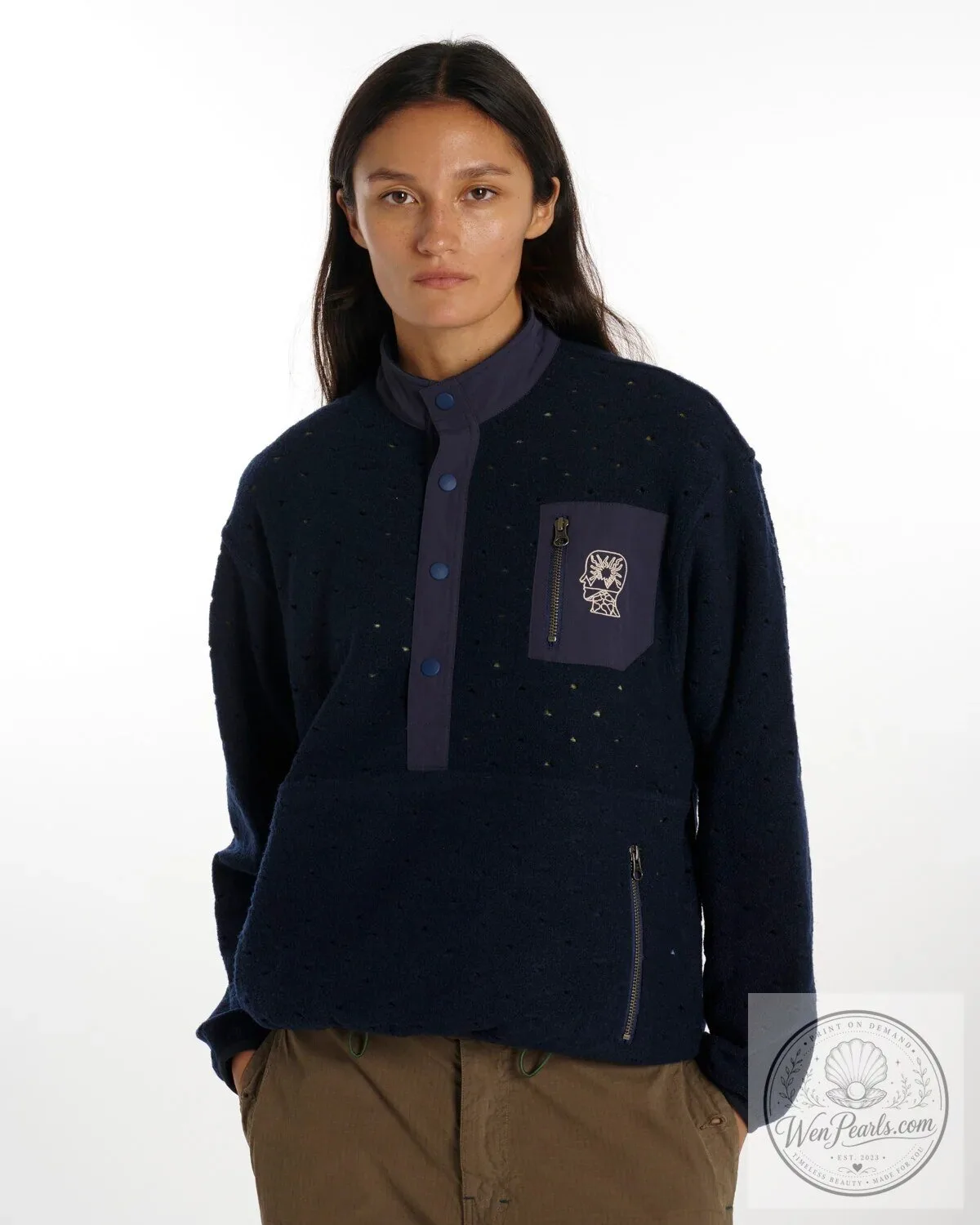 Navy Blue Mock Neck Pullover Sweatshirt with Quarter Snap Button Closure 13 Navy Blue Mock Neck Pullover Sweatshirt with Quarter Snap Button Closure