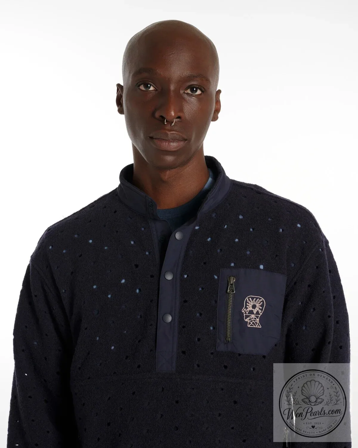 Navy Blue Mock Neck Pullover Sweatshirt with Quarter Snap Button Closure 17 Navy Blue Mock Neck Pullover Sweatshirt with Quarter Snap Button Closure