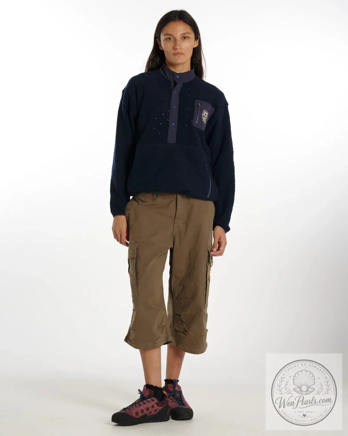 Navy Blue Mock Neck Pullover Sweatshirt with Quarter Snap Button Closure 18 Navy Blue Mock Neck Pullover Sweatshirt with Quarter Snap Button Closure