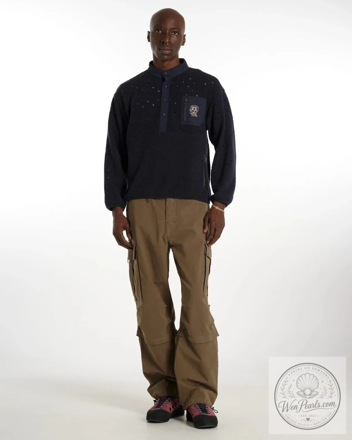 Navy Blue Mock Neck Pullover Sweatshirt with Quarter Snap Button Closure 21 Navy Blue Mock Neck Pullover Sweatshirt with Quarter Snap Button Closure