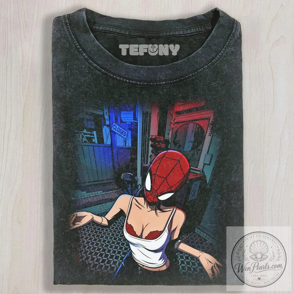 Spider-Woman Masked Sexy Girl Comic Art Unisex Washed Black T-Shirt Spider-Woman Masked Sexy Girl Comic Art Unisex Washed Black T-Shirt