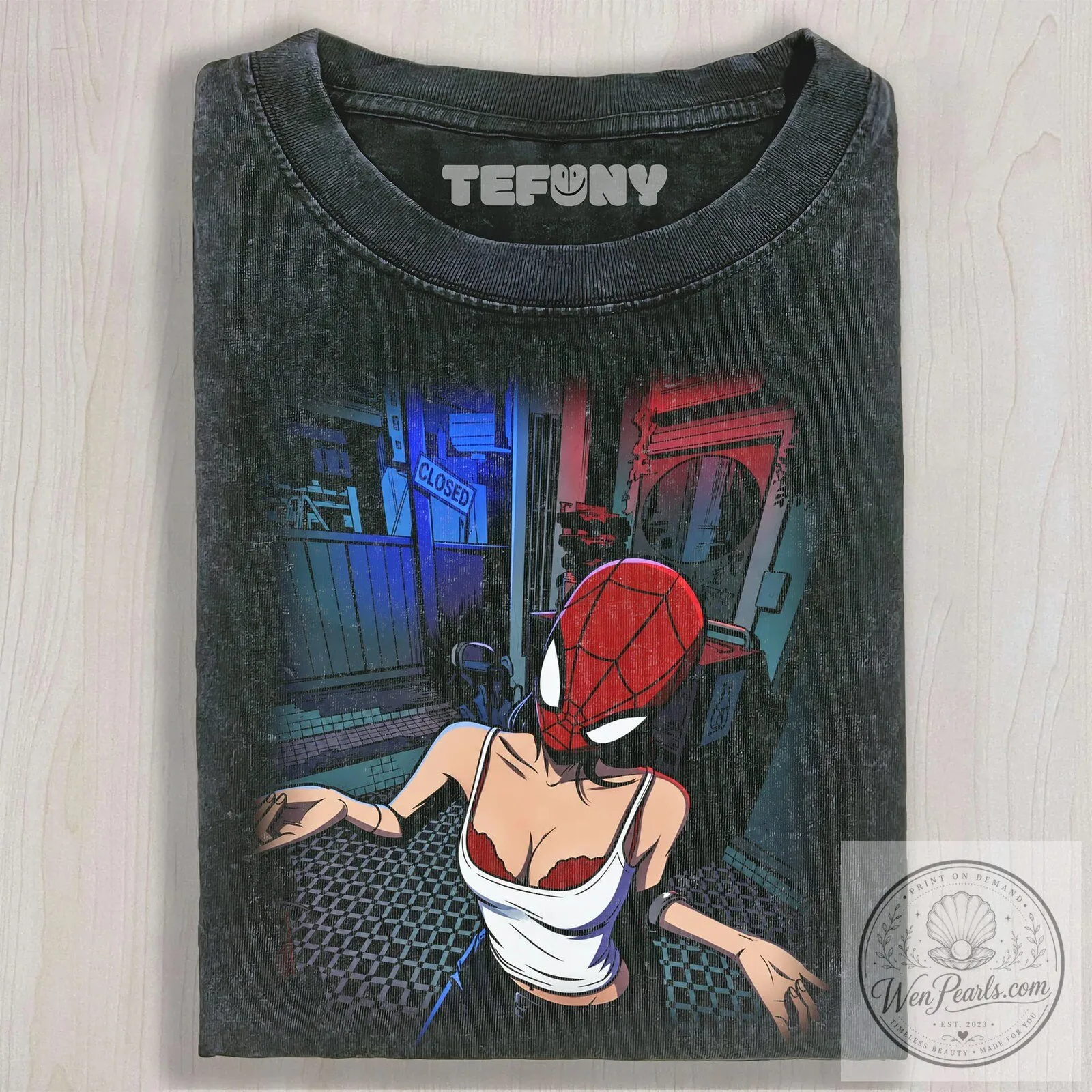 Spider-Woman Masked Sexy Girl Comic Art Unisex Washed Black T-Shirt